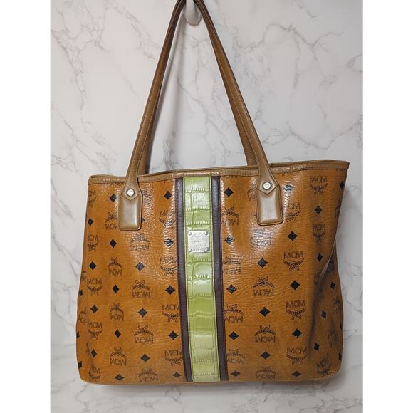 MCM Handbags - MCM Cognac Visetos Monogram Green Stripe Limited Edition Liz Shopper Tote